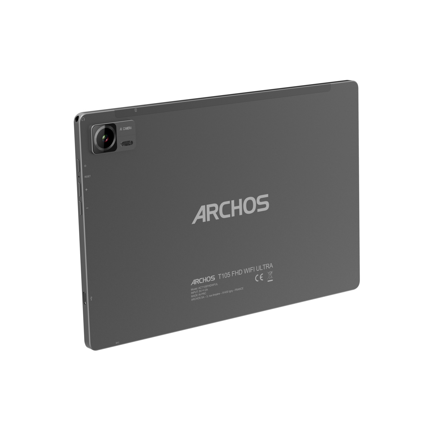 Grijze tablet achterkant met ARCHOS logo en tekst. Camera, knoppen en poorten zichtbaar.