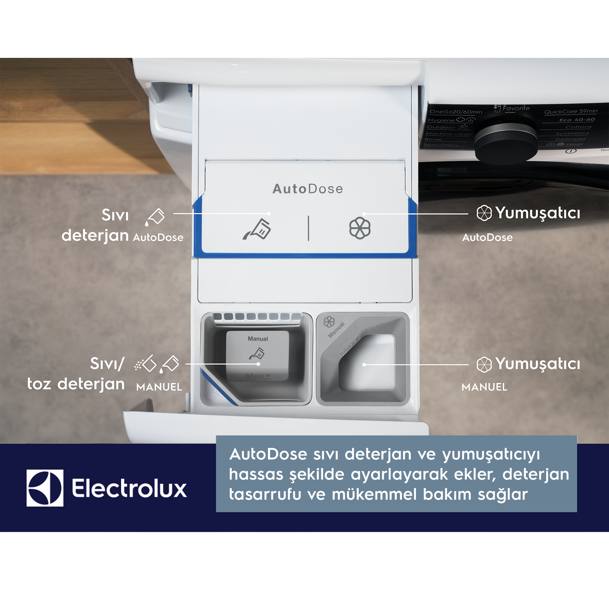 Etiketlerle çamaşır makinesi deterjan dağıtıcısı.