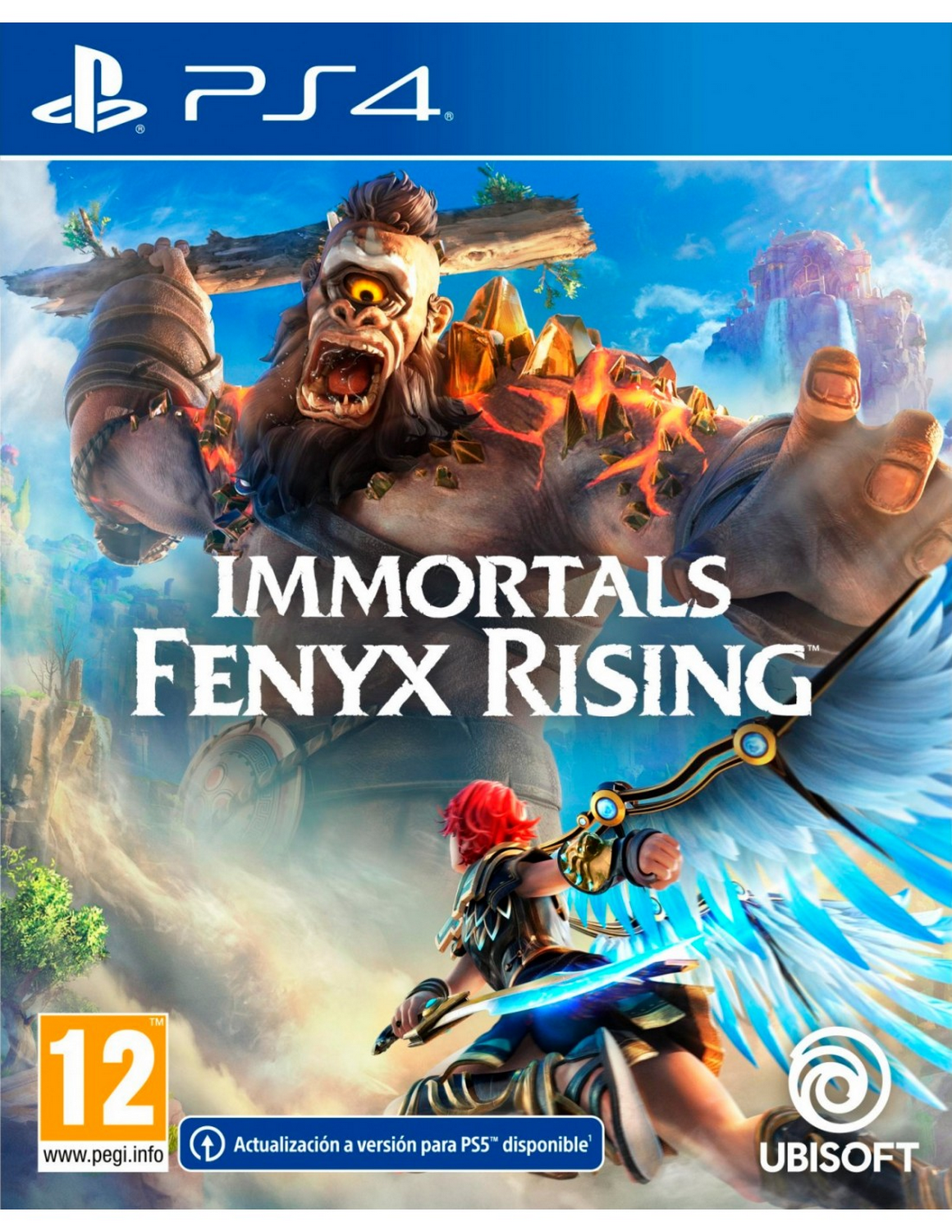 Portada del juego: 'Immortals Fenyx Rising' presenta un guerrero y un monstruo gigante sobre un fondo colorido.