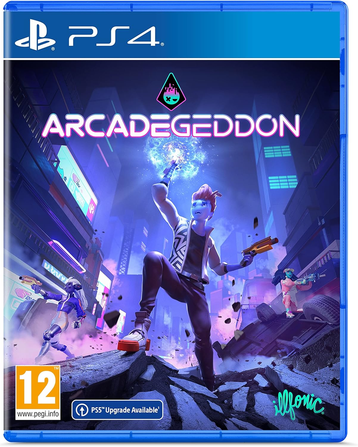 Portada de juego PS4 con una escena de juego futurista y un personaje con un arma.