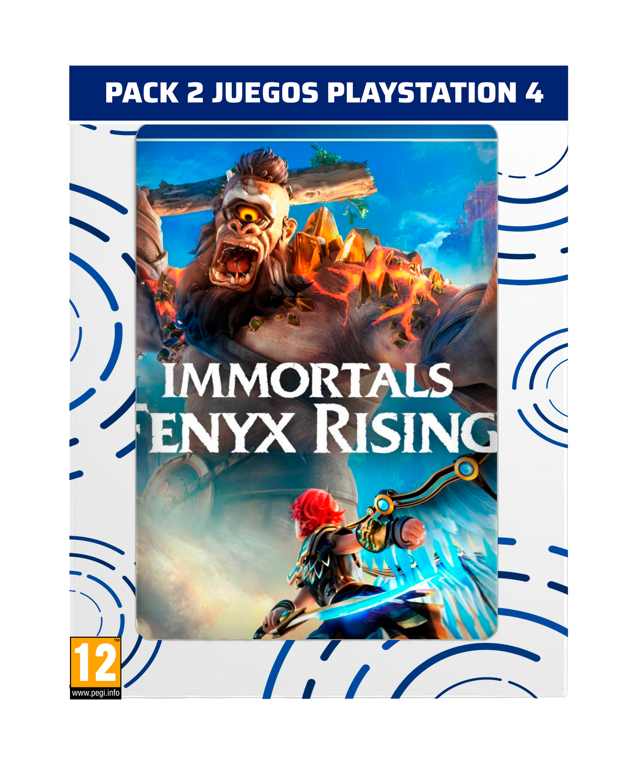 Portada del juego: 'Immortals Fenyx Rising' en una caja blanca con la etiqueta 'Pack 2 Juegos'.