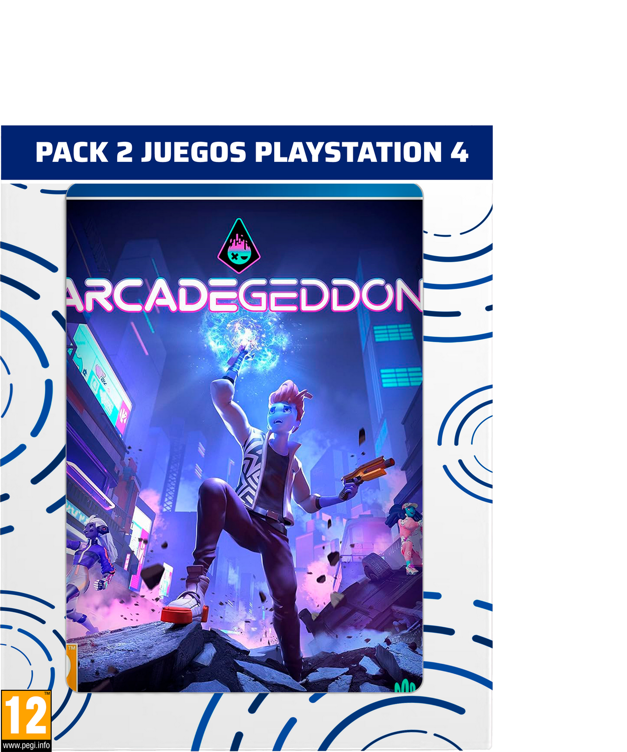 Pack 2 juegos para Playstation 4: Arcadegeddon, con un personaje futurista en la portada.