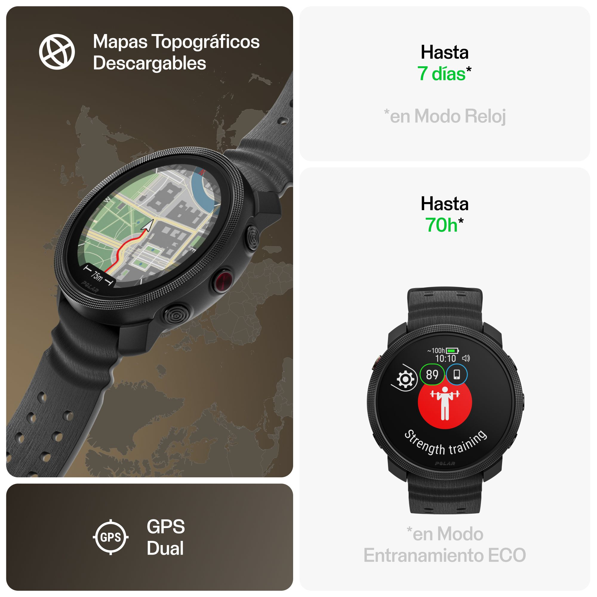 Reloj Polar negro con dos pantallas, una muestra un mapa. Fondo blanco.