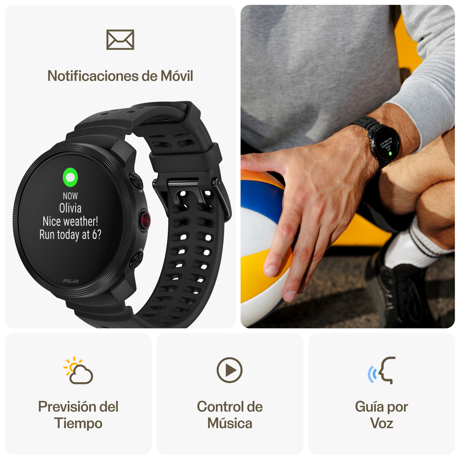 Un reloj inteligente Polar negro muestra una notificación en su pantalla.