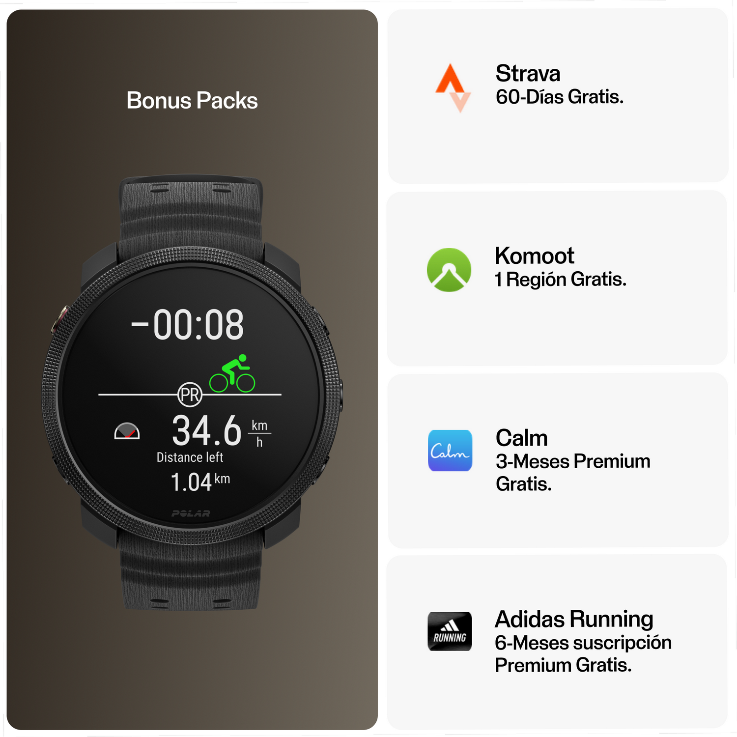 Smartwatch con opciones de paquete de bonificación. Muestra la hora, la distancia y un gráfico de una bicicleta.