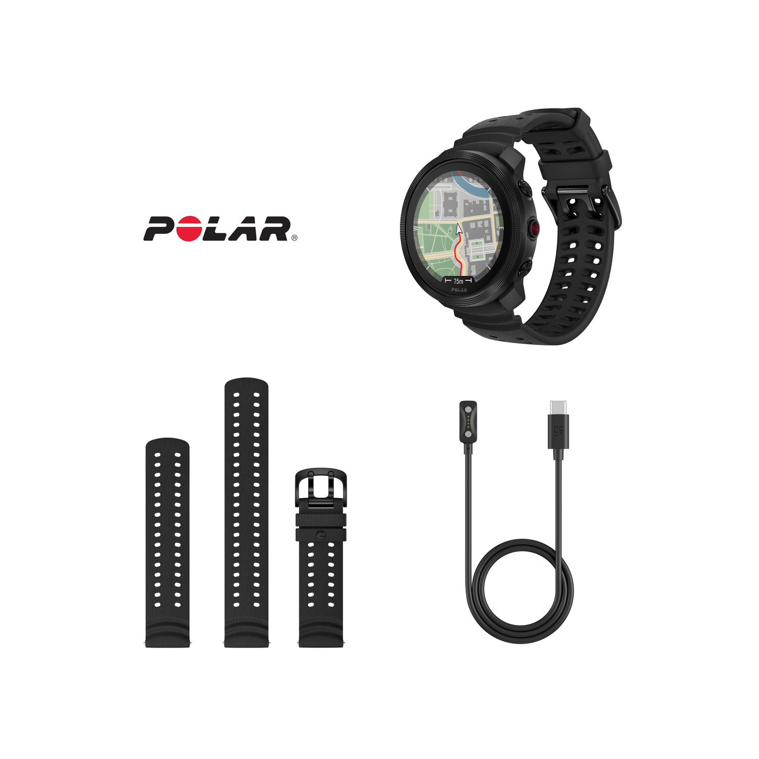 Smartwatch Polar negro y accesorios sobre fondo blanco.