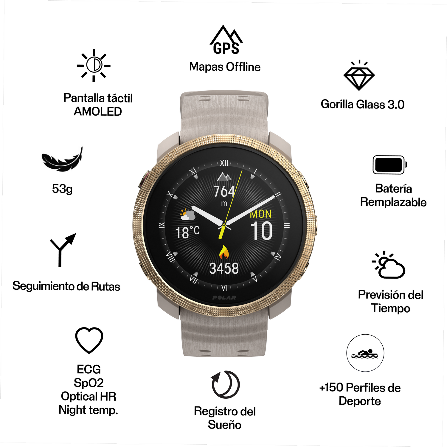 Reloj inteligente con bisel dorado, correa beige e iconos de GPS y frecuencia cardíaca.