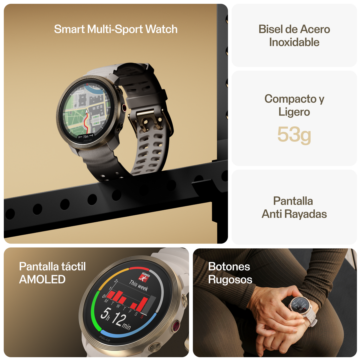 Reloj inteligente con esfera circular, mostrando datos, con detalles sobre las funciones del reloj.