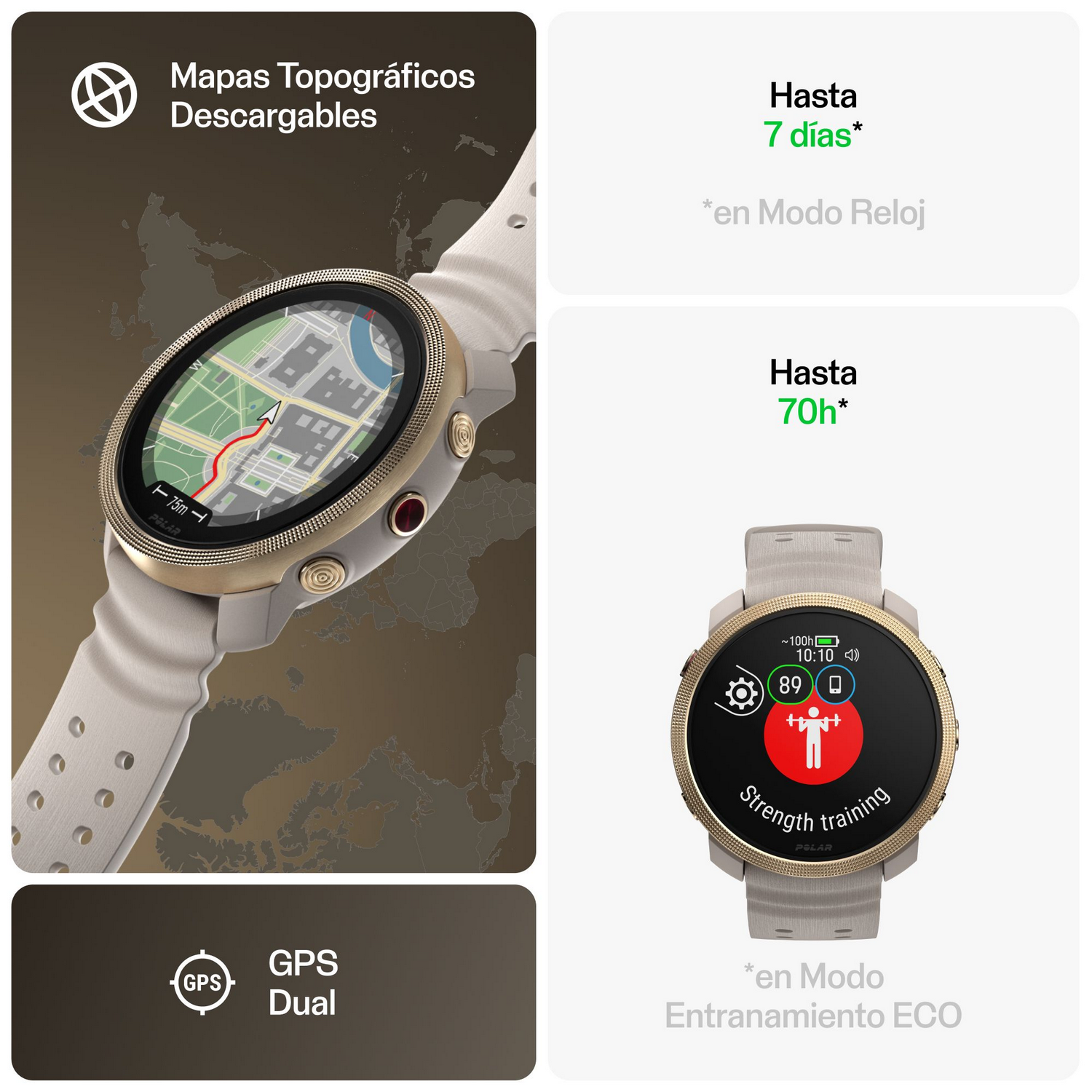 Smartwatch mostrando mapa y datos de entrenamiento; texto: 'Hasta 7 días'.