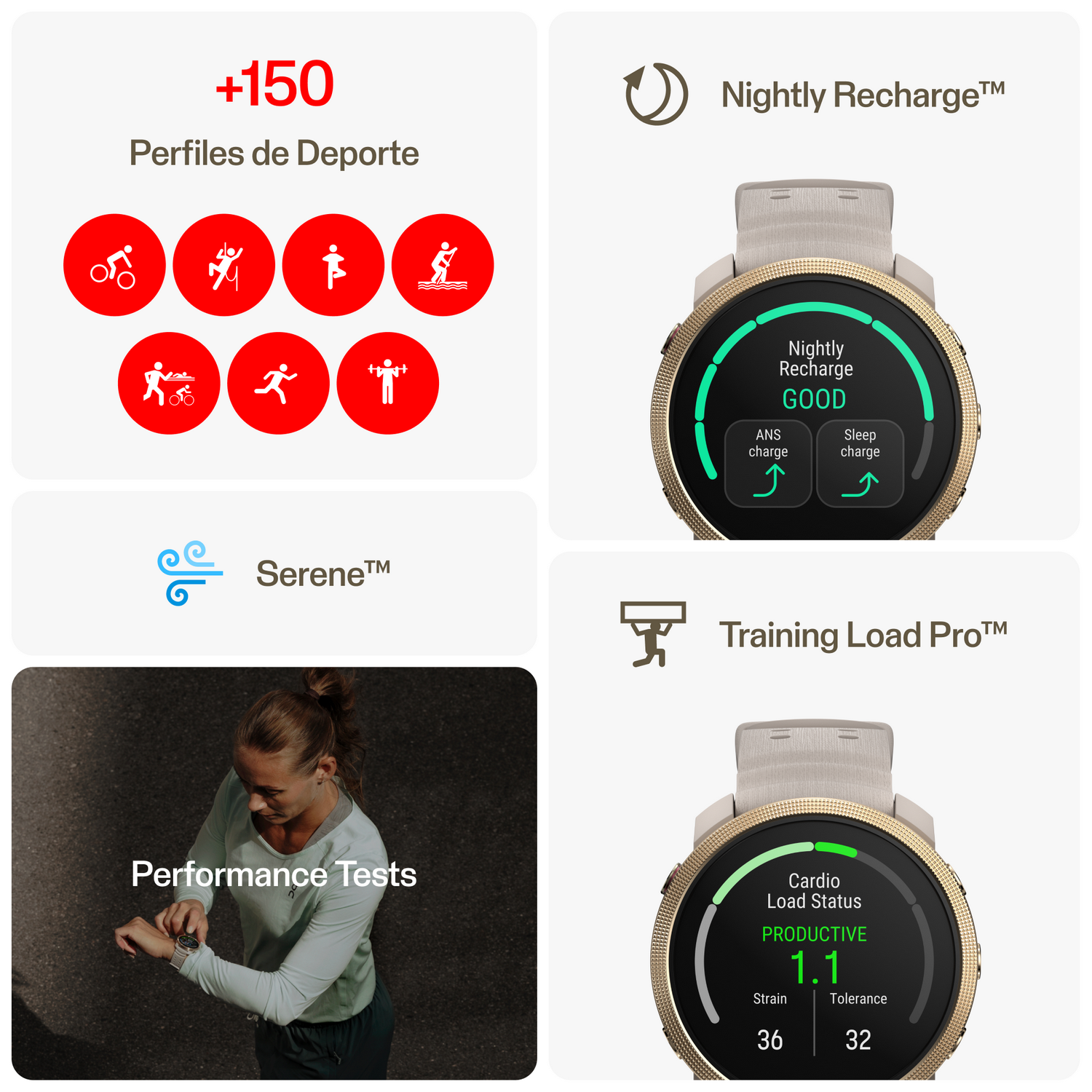 Reloj Polar con perfiles deportivos, recarga nocturna y funciones de carga de entrenamiento. Blanco y dorado.
