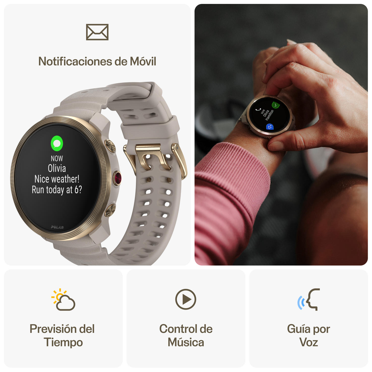 Reloj inteligente mostrando notificaciones. Iconos adicionales para clima, música y guía de voz.