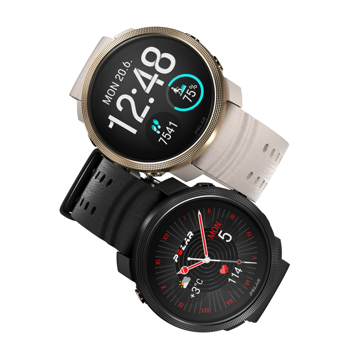 Tres smartwatches apilados, con detalles dorados y negros, mostrando la hora y datos en las esferas.