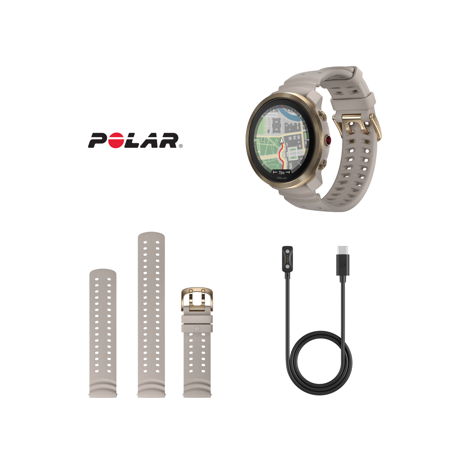 Un smartwatch Polar, dos correas, un cargador y un cable de carga, todo sobre un fondo blanco.
