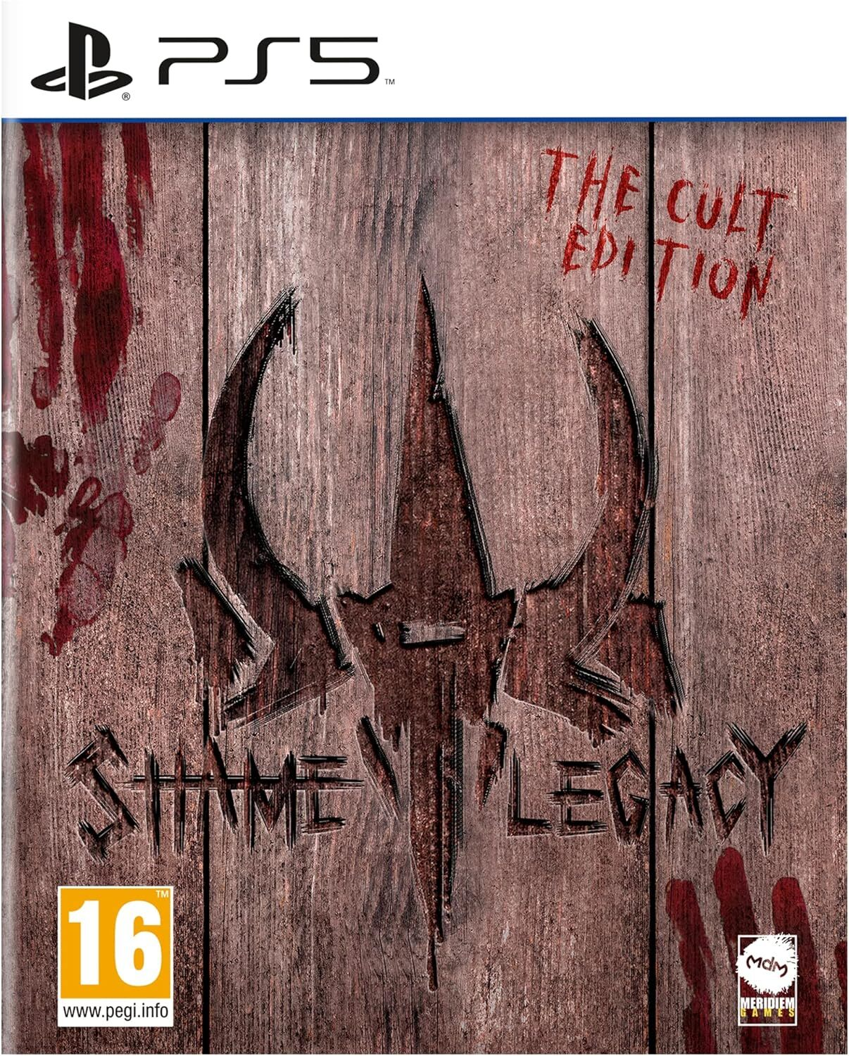 Portada del juego PS5, Shame Legacy, con fondo de madera oscura.