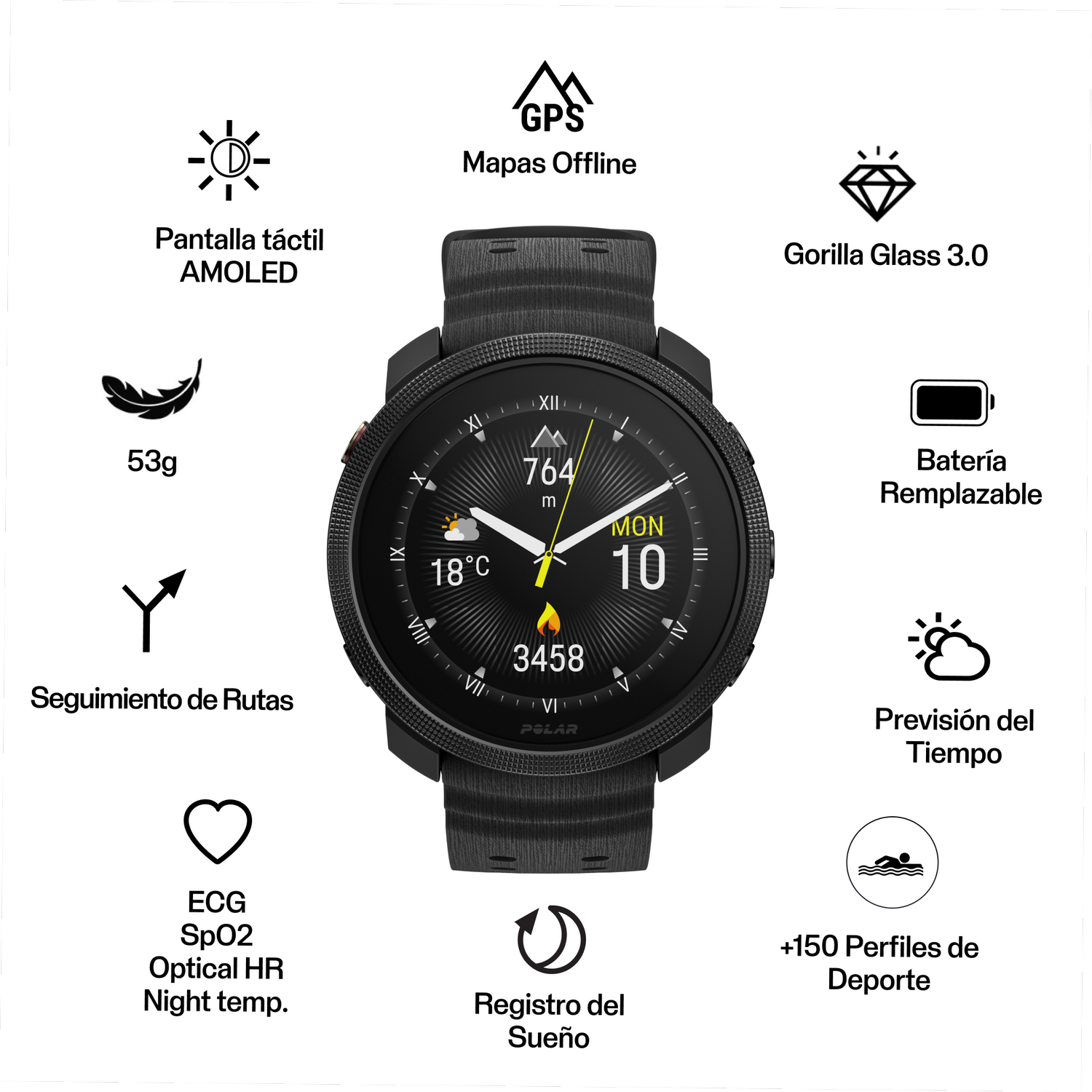 Un reloj inteligente negro con varios iconos alrededor. Tiene pantalla táctil, GPS y monitor de frecuencia cardíaca.