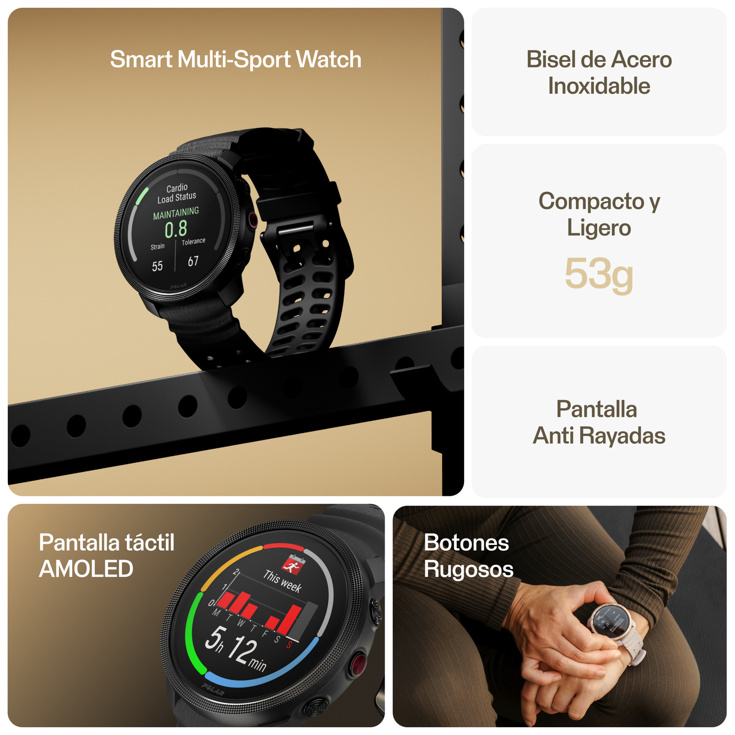 Reloj inteligente con correa negra y pantalla mostrando datos de salud e interfaz gráfica.