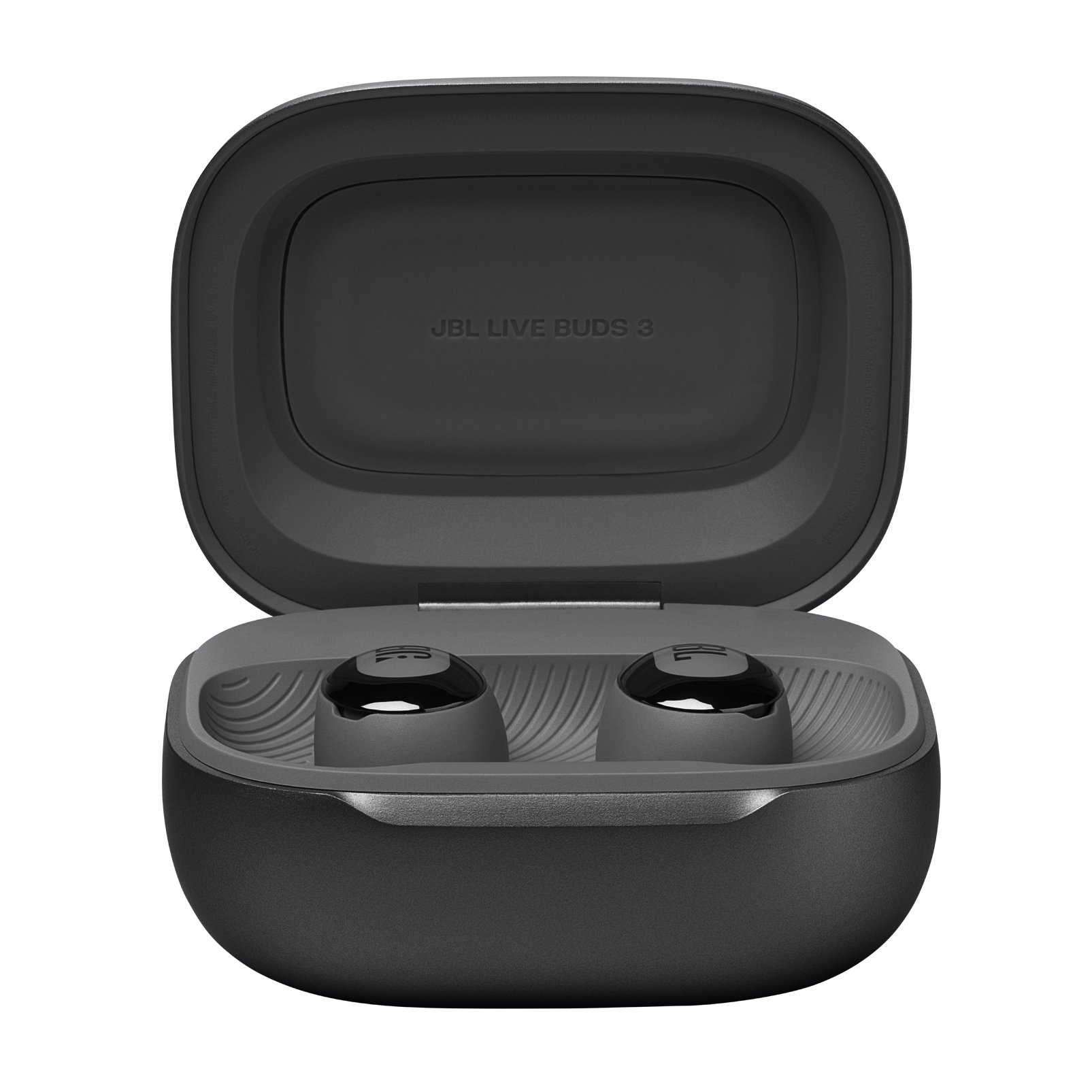 Şarj kutusunun içindeki siyah JBL Live Buds 3 kablosuz kulaklıklar.