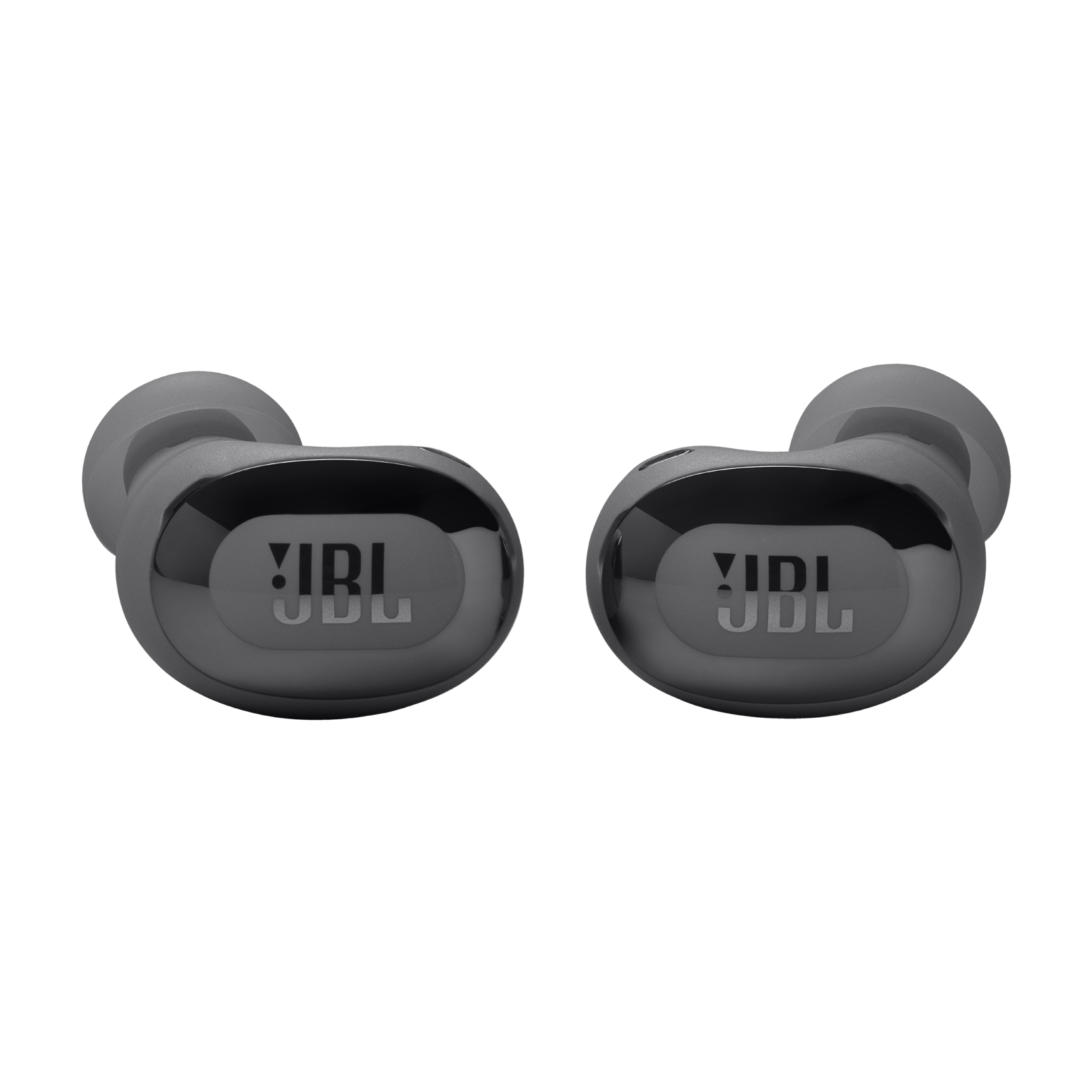 Siyah zemin üzerinde iki gri JBL kulaklık.