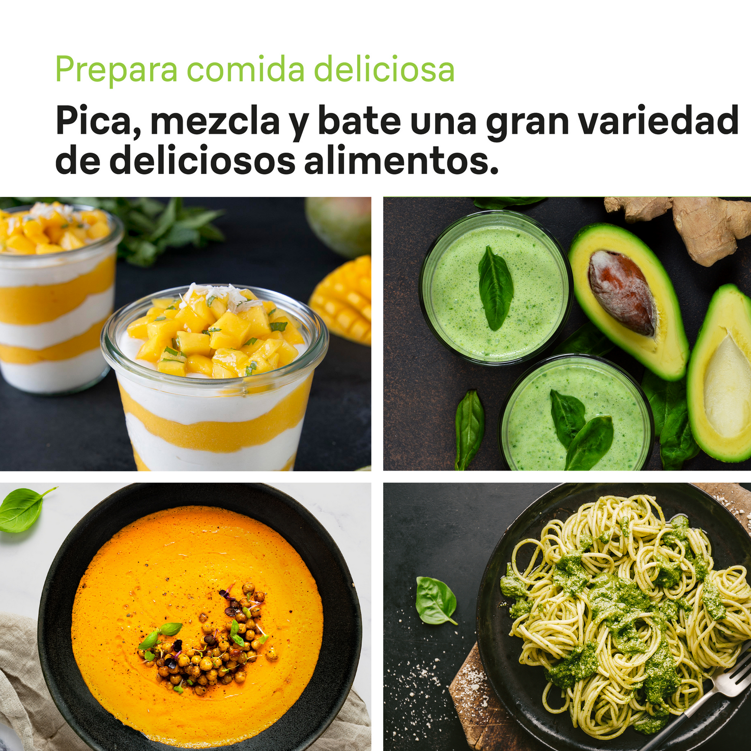 Cuatro imágenes de comida preparada. Incluyen un parfait de mango, batidos verdes y platos de pasta.