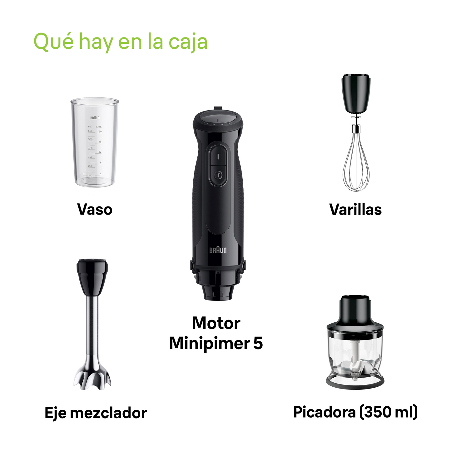 Una imagen que muestra los componentes de una batidora de mano Braun: vaso, batidor, mezclador, picadora.