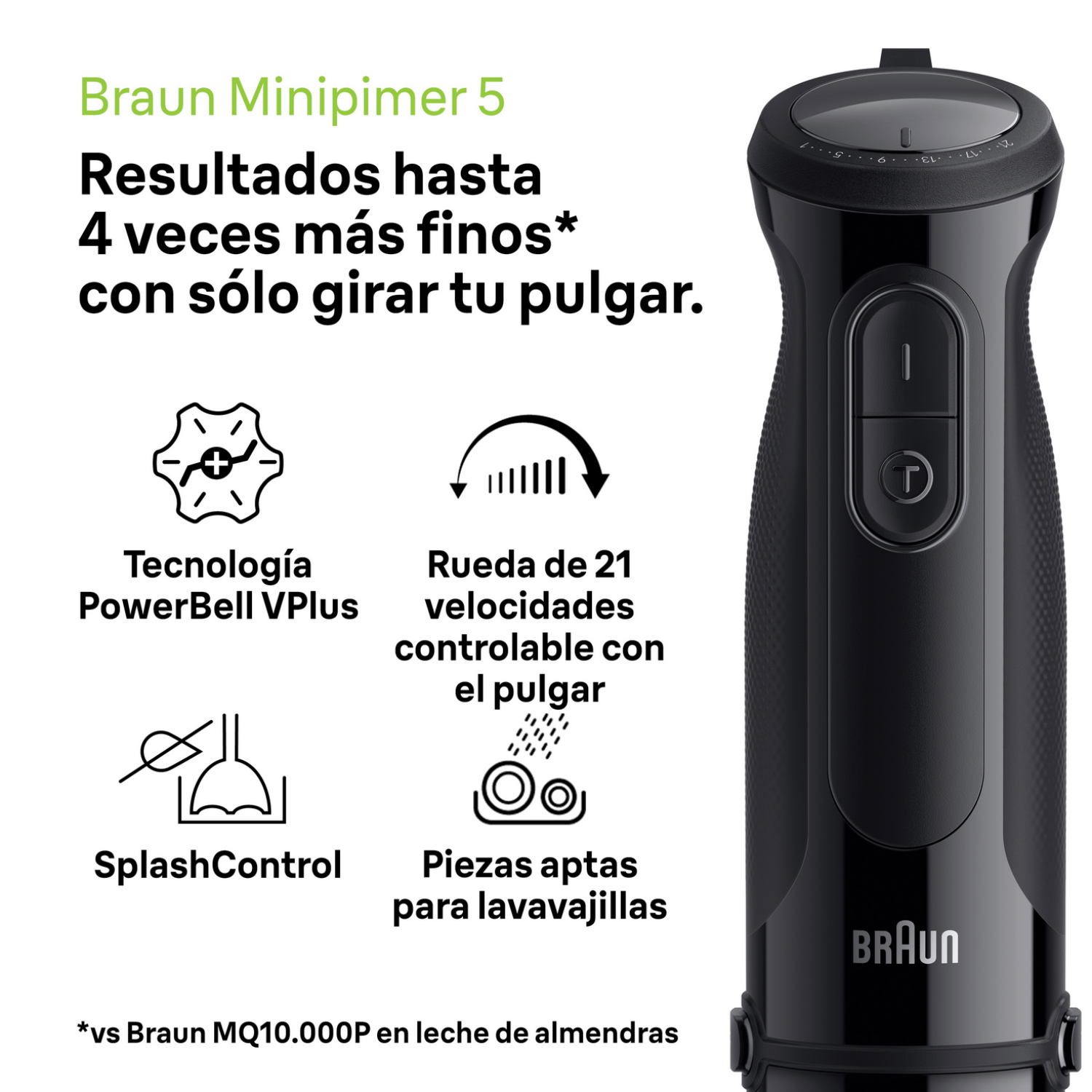 Una batidora de mano negra con características descritas. Texto: Tecnología PowerBell VPlus, 21 velocidades, apta para lavavajillas.