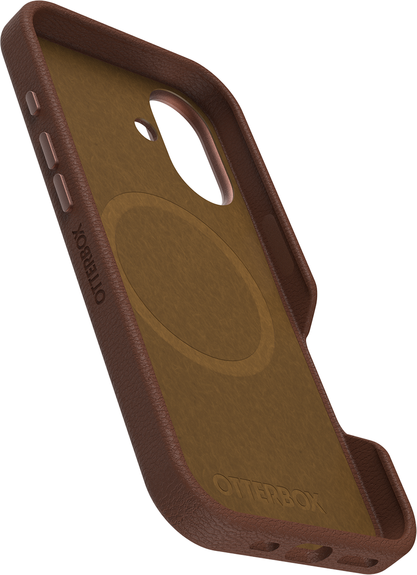 Barna Otterbox telefontok, ferde nézet. A belső tér és az Otterbox márka látható.