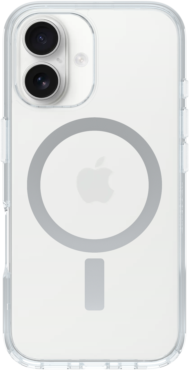 Átlátszó telefontok szürke kör alakú mintával és Apple logóval a hátoldalon. Kamerák lencséi láthatók.