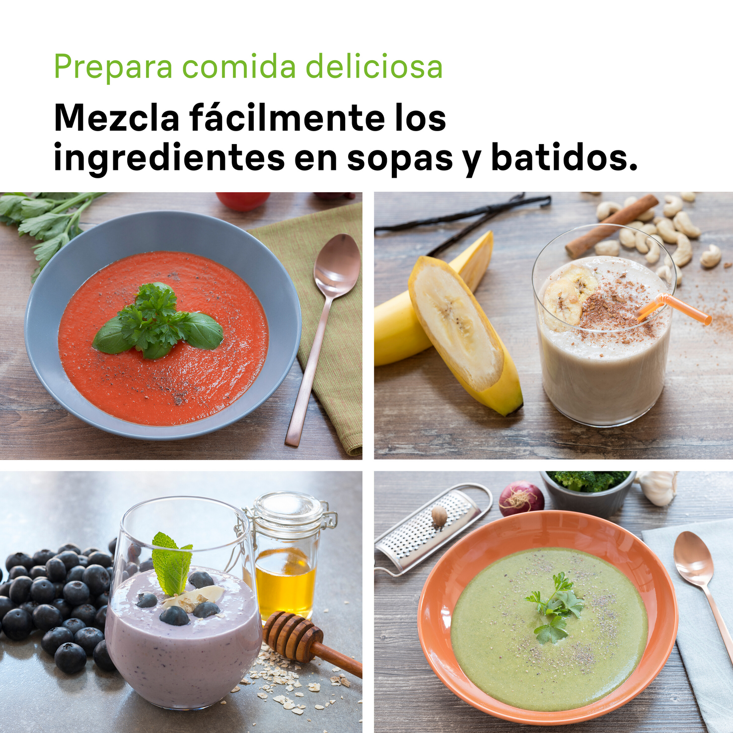 Cuatro imágenes de comida deliciosa: sopa, batido y sopa.