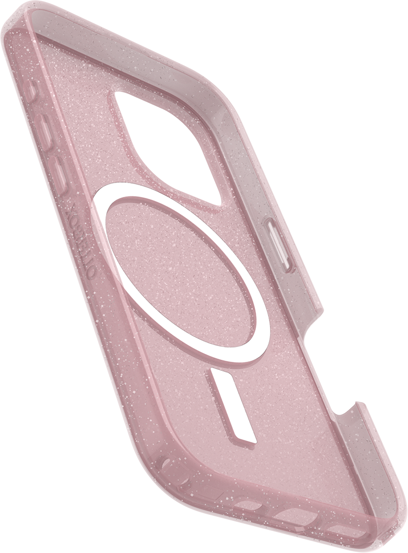 Rózsaszín Otterbox telefontok MagSafe gyűrűvel. A tok áttetsző és csillogó.