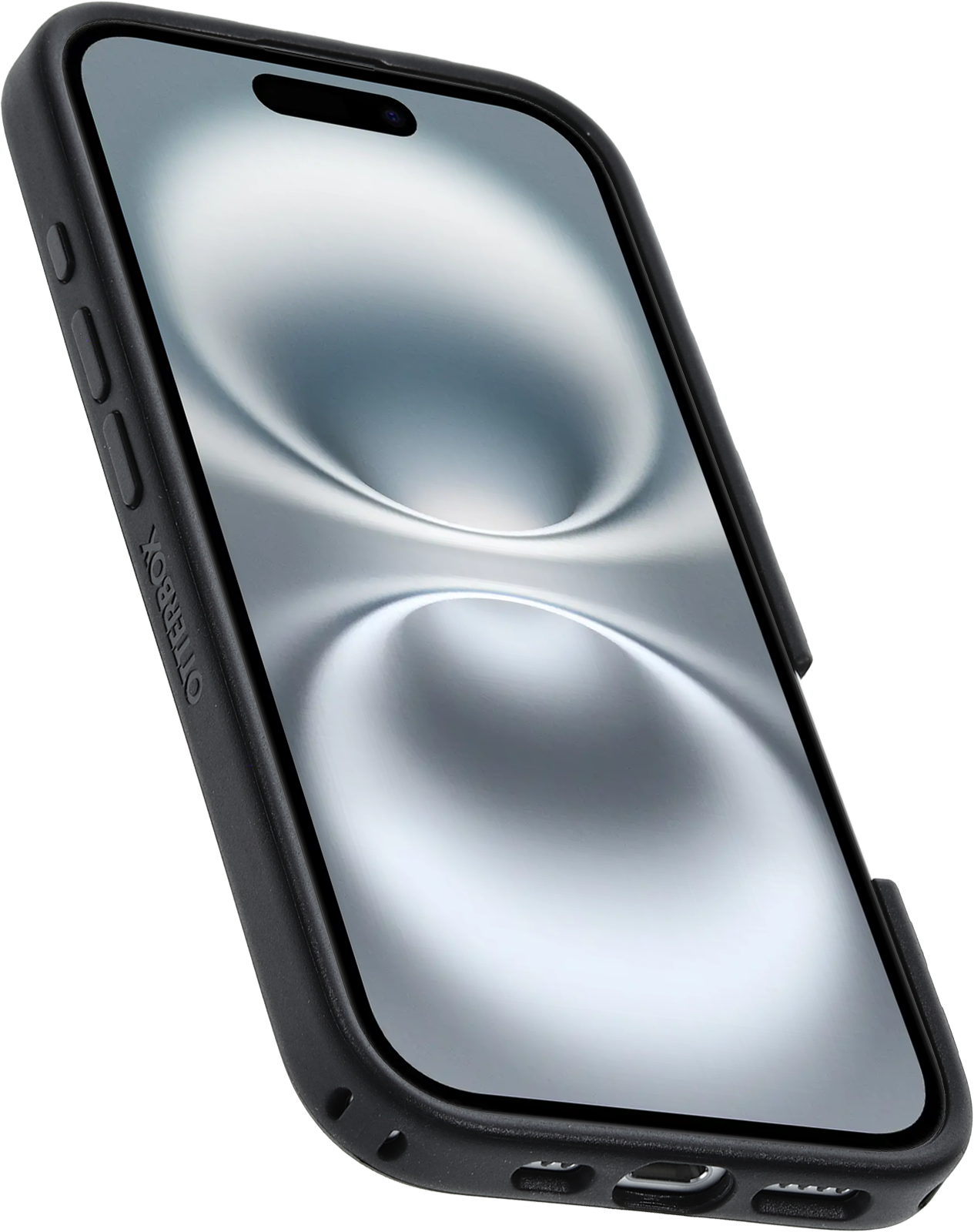 Fekete telefontok fekete telefonnal benne. A telefon képernyője látható, fehér és szürke hátteret mutatva.