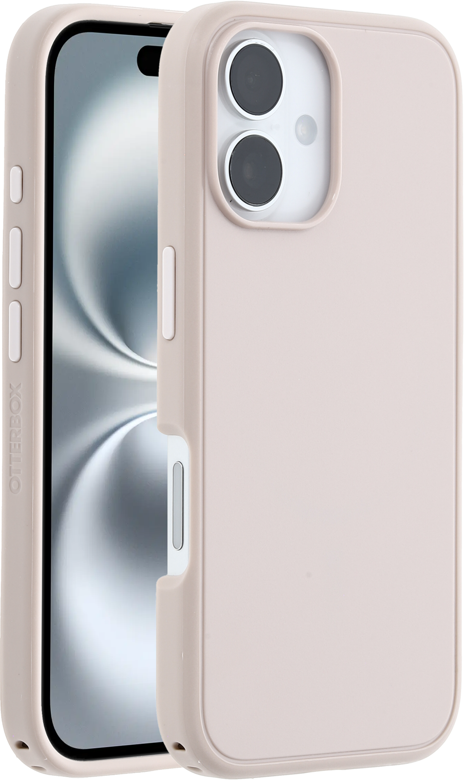 Telefon rózsaszín Otterbox tokban, mutatva a telefon kameráját és oldalsó gombjait.