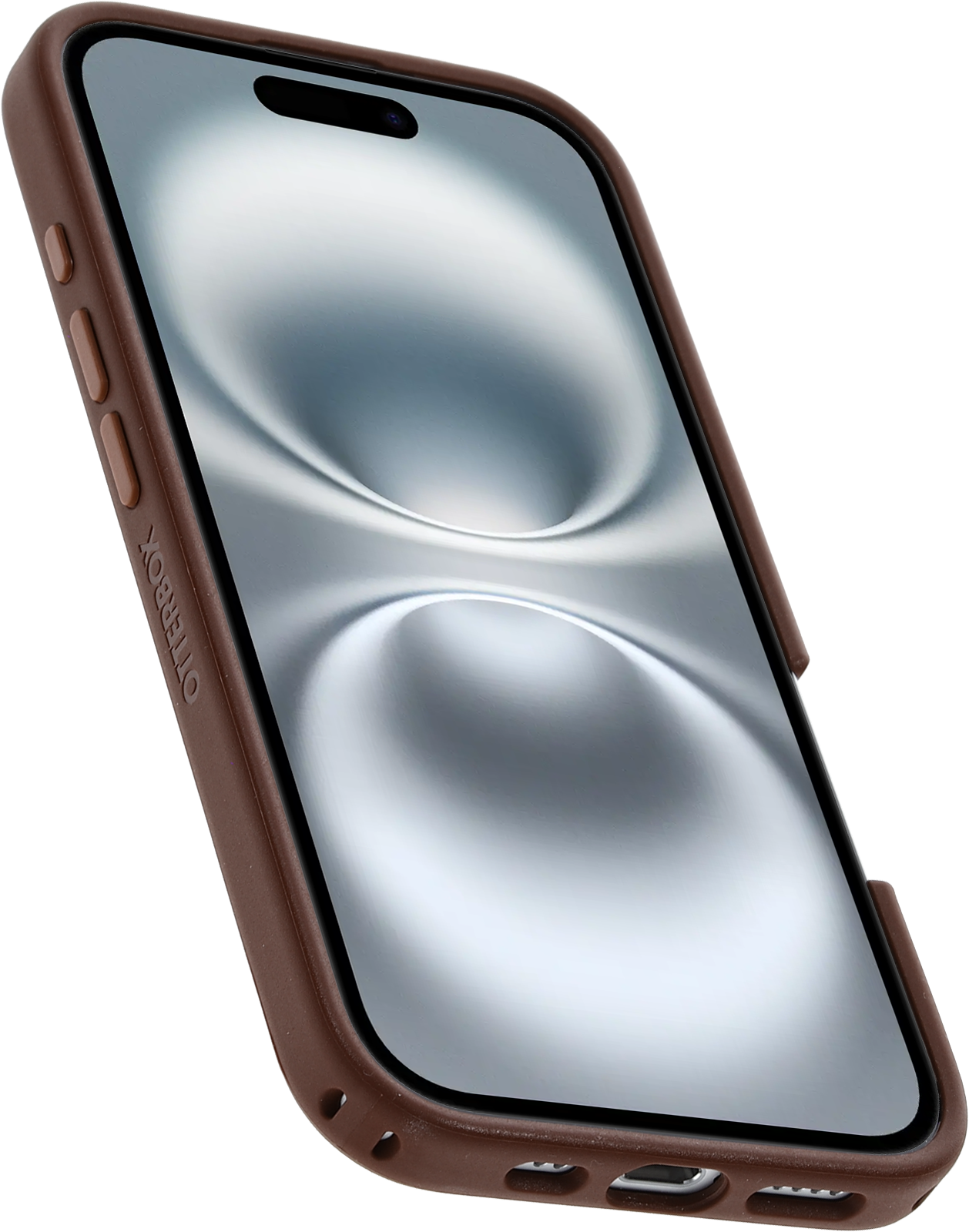 Egy barna telefontok telefonnal, szögben.