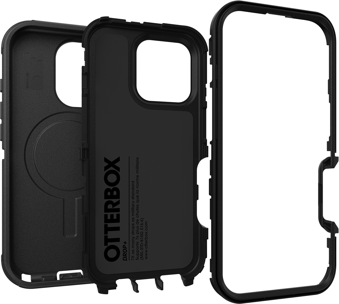 Fekete OtterBox telefontok, amely a belső és külső alkatrészeket mutatja.