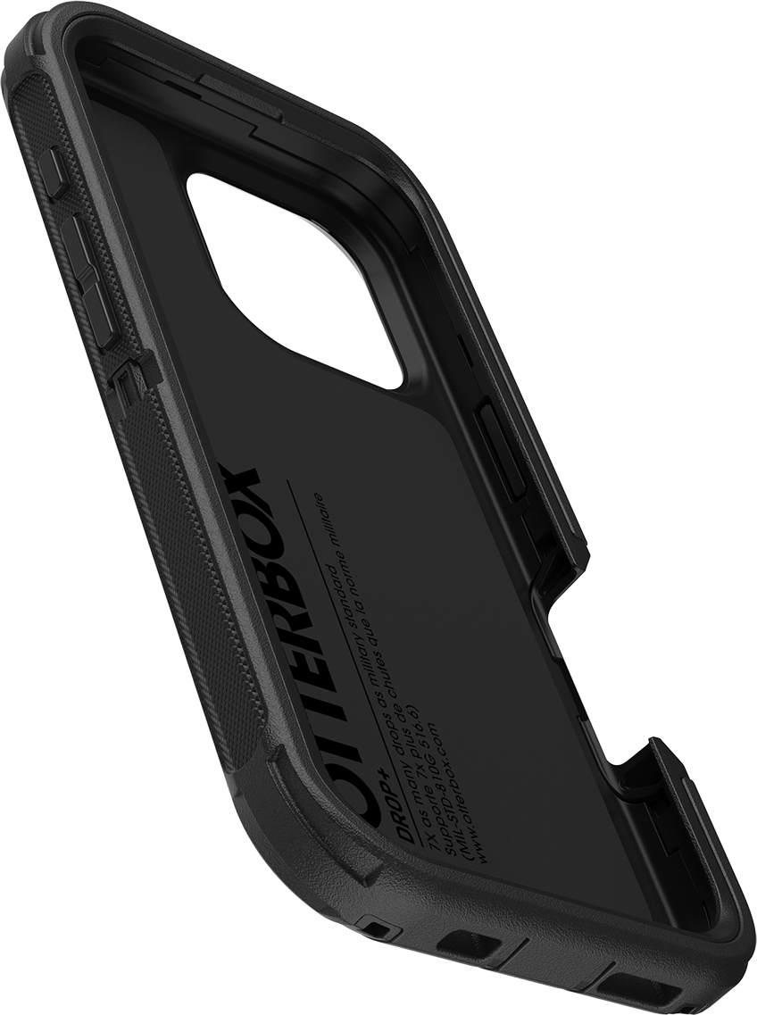 Fekete Otterbox telefontok, a belsejének közeli képe.