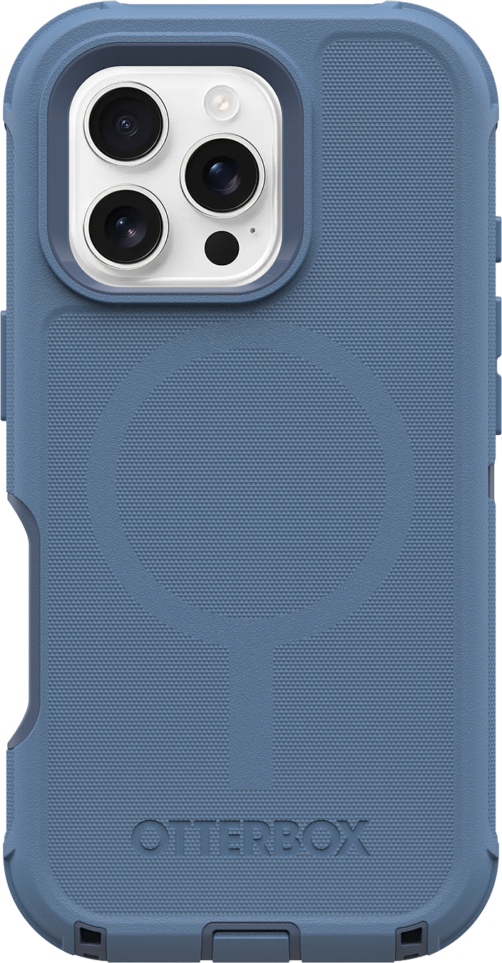 Kék telefontok, kameranyílással és kör alakú részlettel a hátulján. Az Otterbox logója látható.