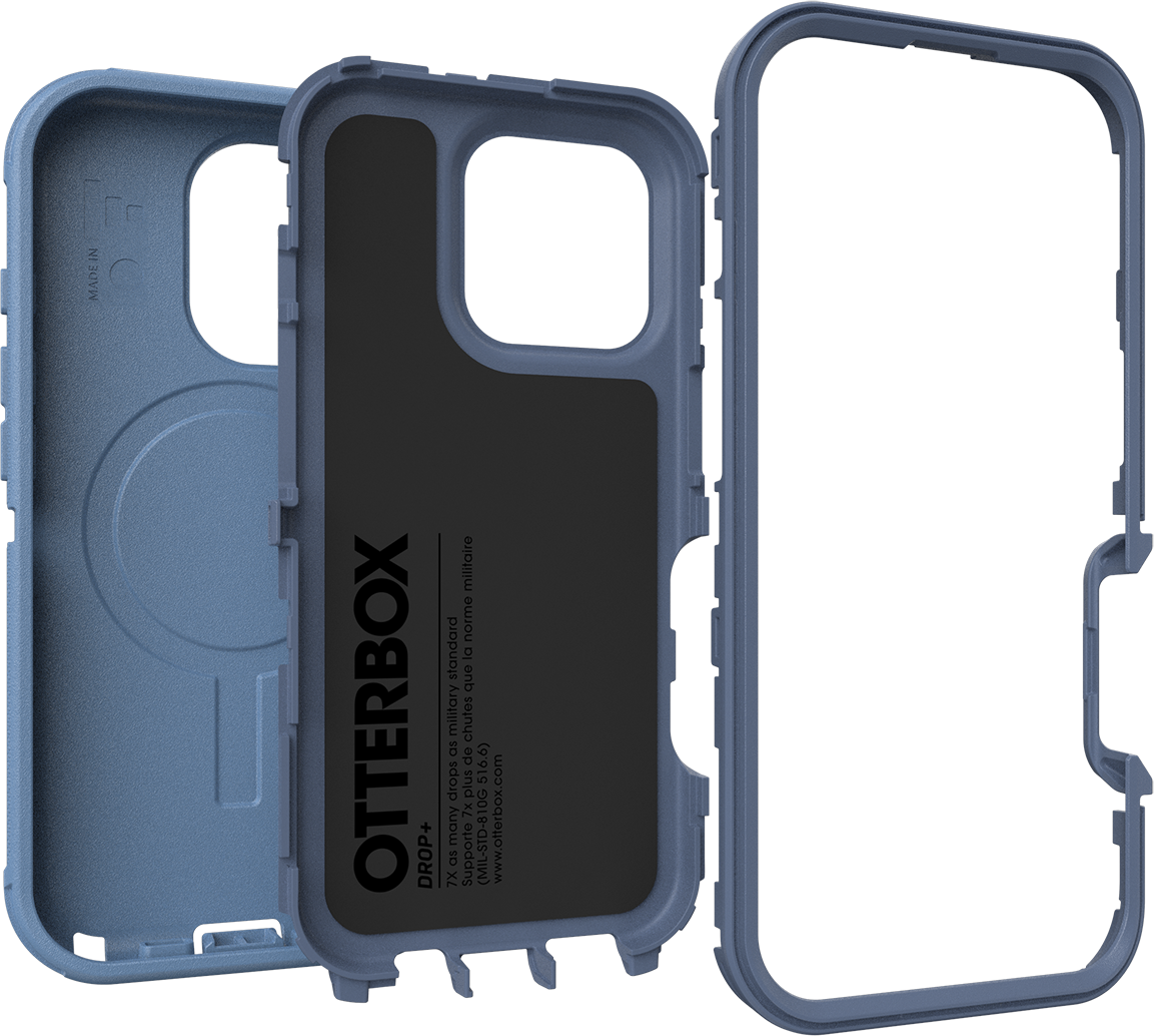 Kék Otterbox tok, három részre szedve, megmutatva a telefon védőrétegeit.