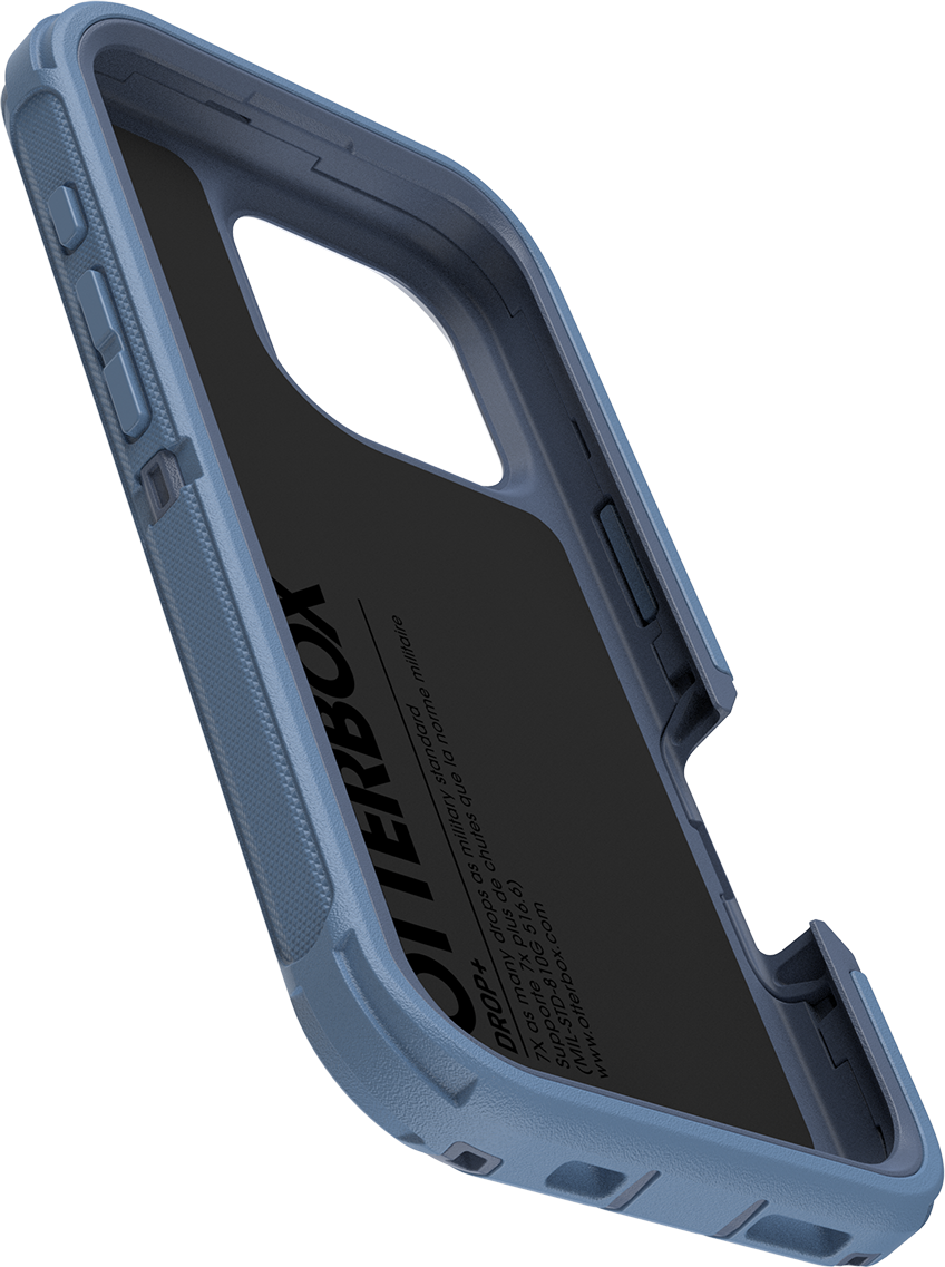 Kék Otterbox telefontok, szögben. Belső részletek látszanak.