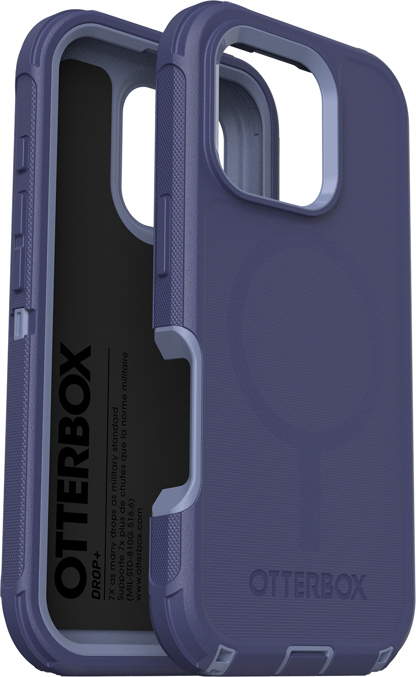 Kék-szürke telefontok, Otterbox logóval, nyitva, hogy megmutassa a belsejét.