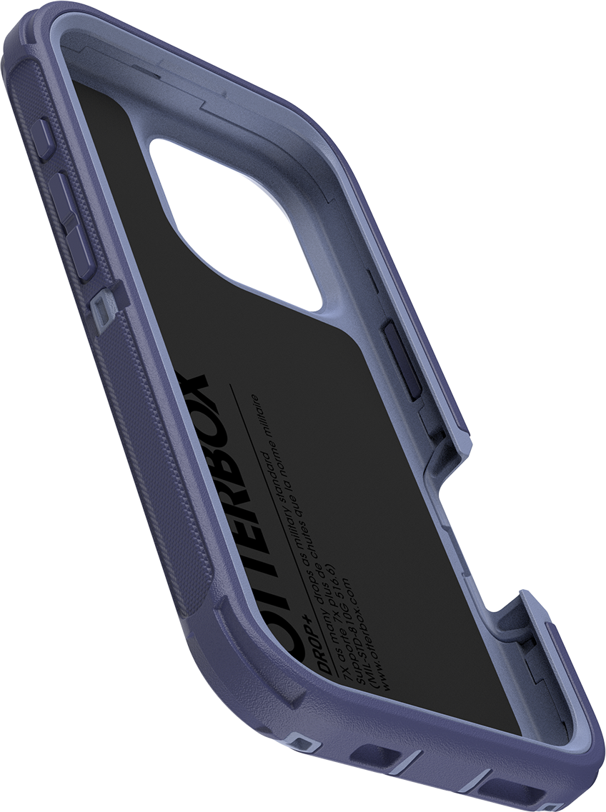 Kék Otterbox tok telefonnal benne, fekete belső, felülnézet.