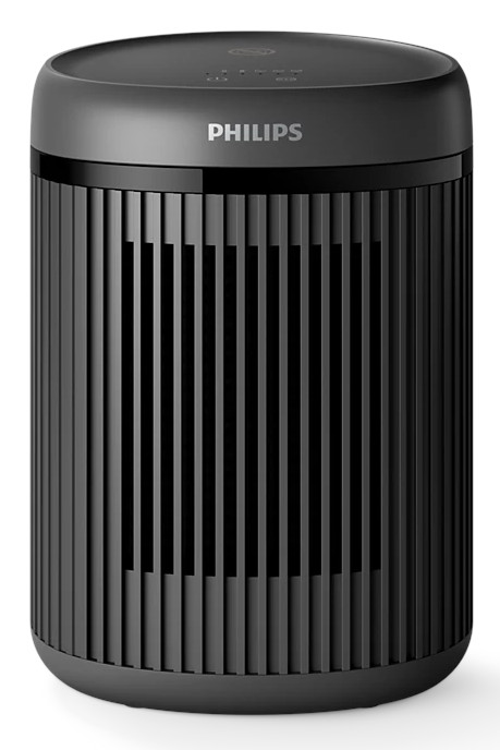 Czarny oczyszczacz powietrza Philips z pionowymi liniami i cylindrycznym kształtem, z nazwą marki.