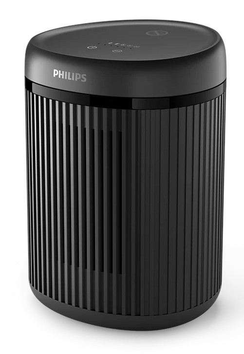 Czarny cylindryczny oczyszczacz powietrza Philips na białym tle.