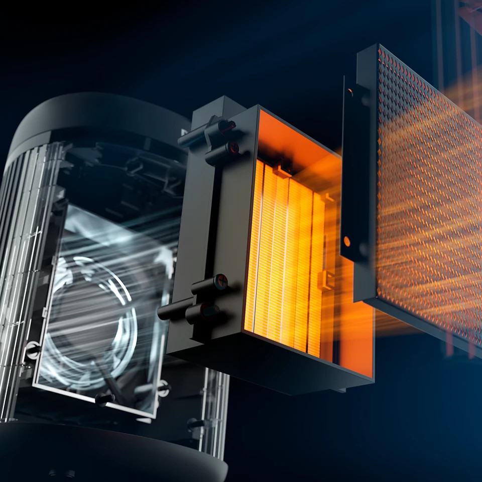 Widok rozstrzelony elementów wewnętrznych grzejnika.