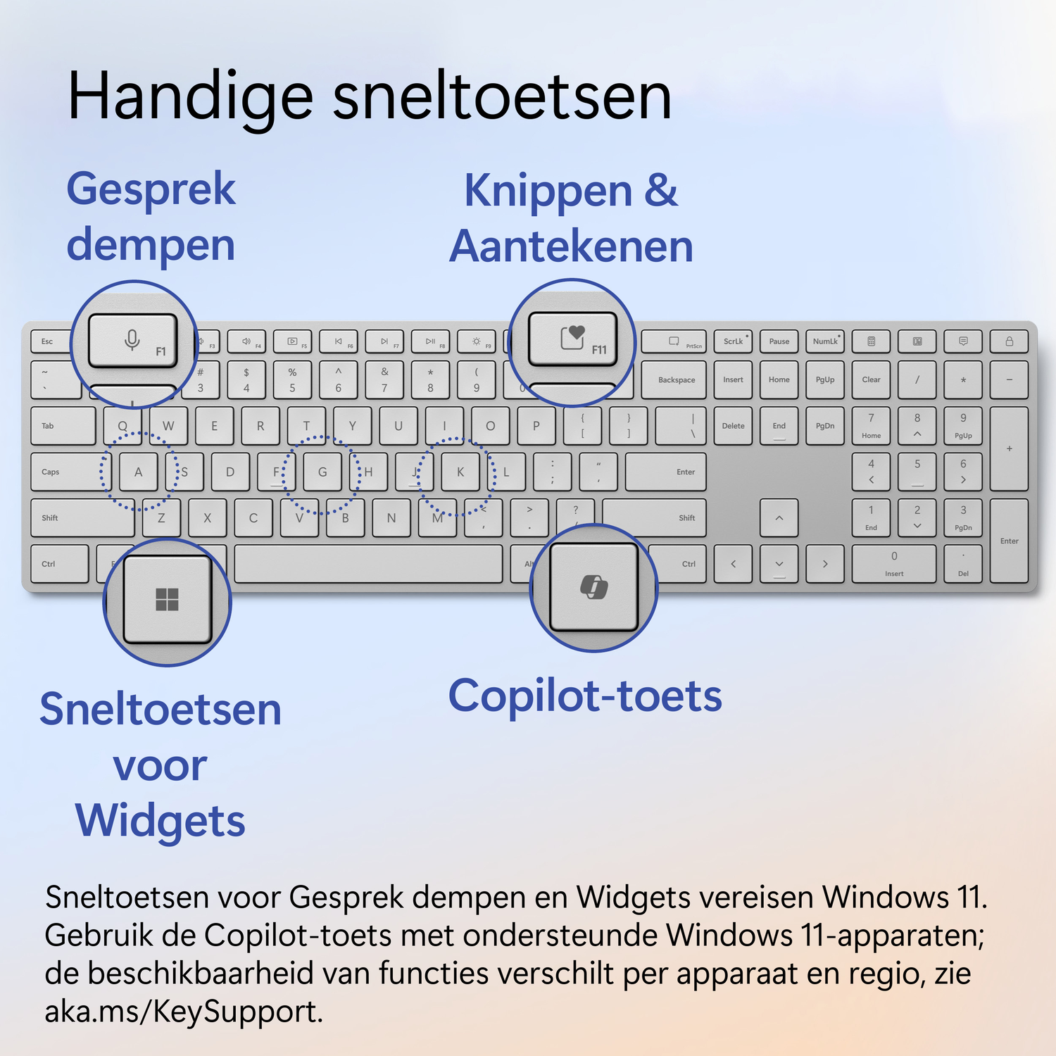 Een wit toetsenbord met gemarkeerde functietoetsen en een diagram dat toetsen uitlegt.