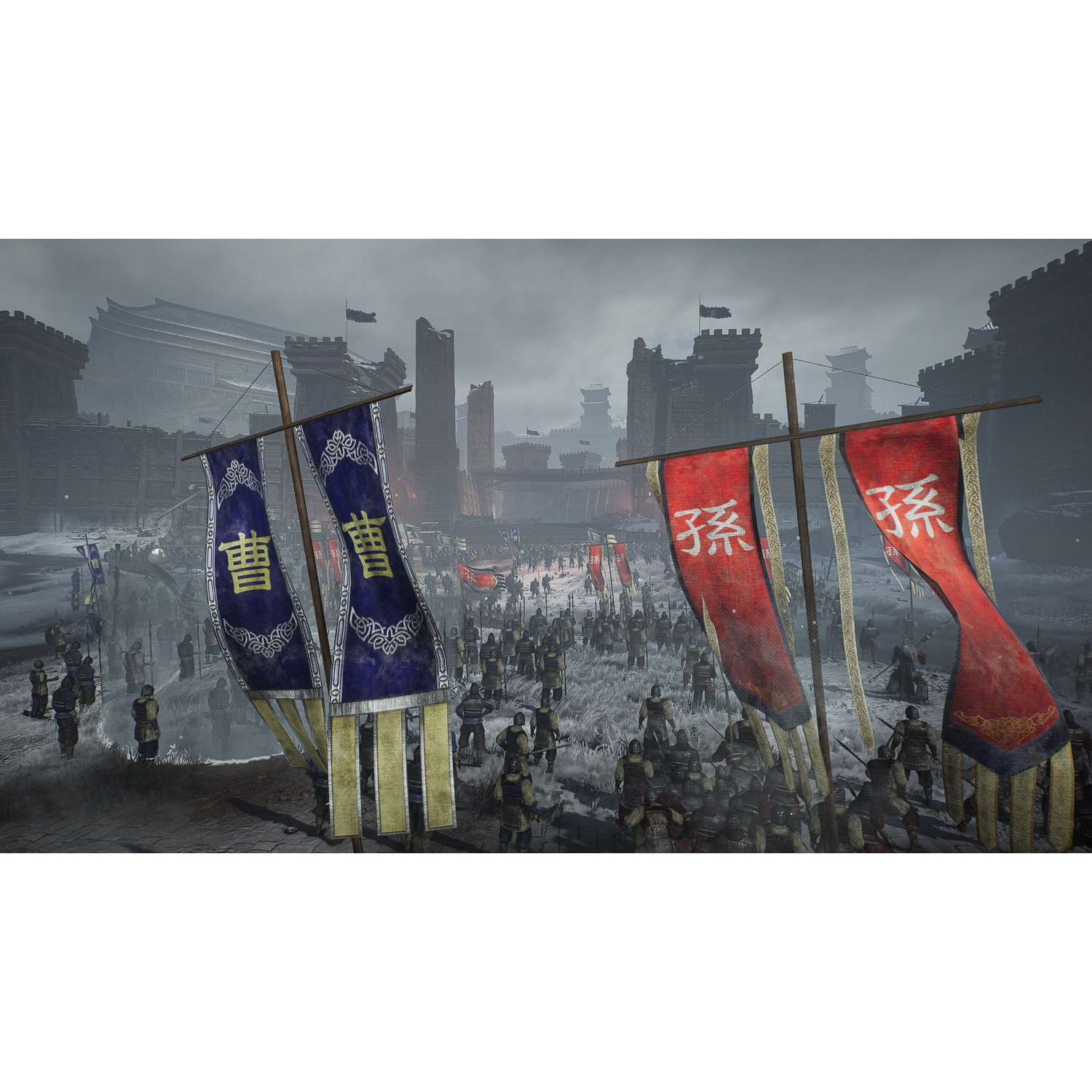 Een slagveldtoneel met vlaggen, soldaten en gebouwen op de achtergrond.