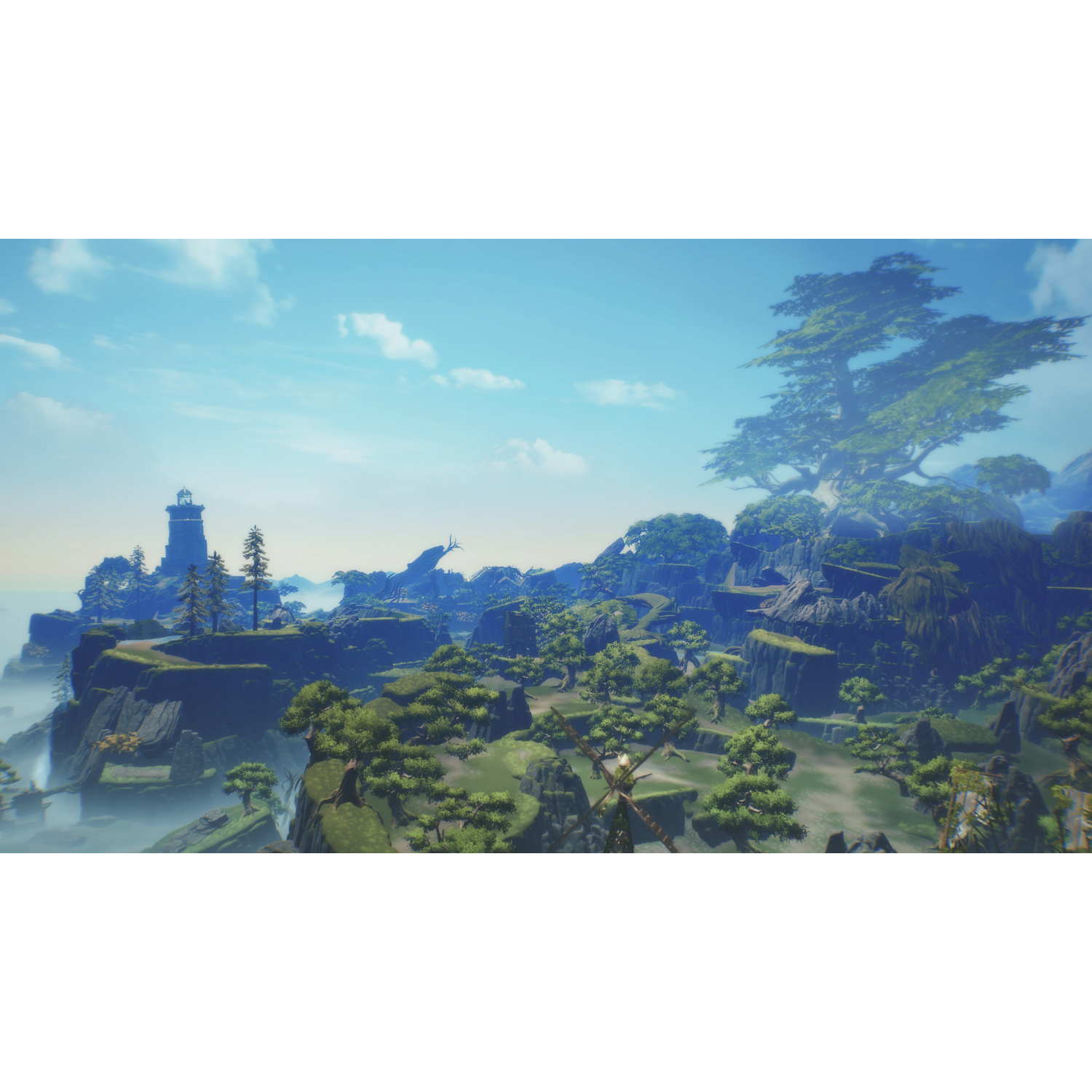 Landscape view with trees and a lighthouse on a cliff under a bright blue sky.