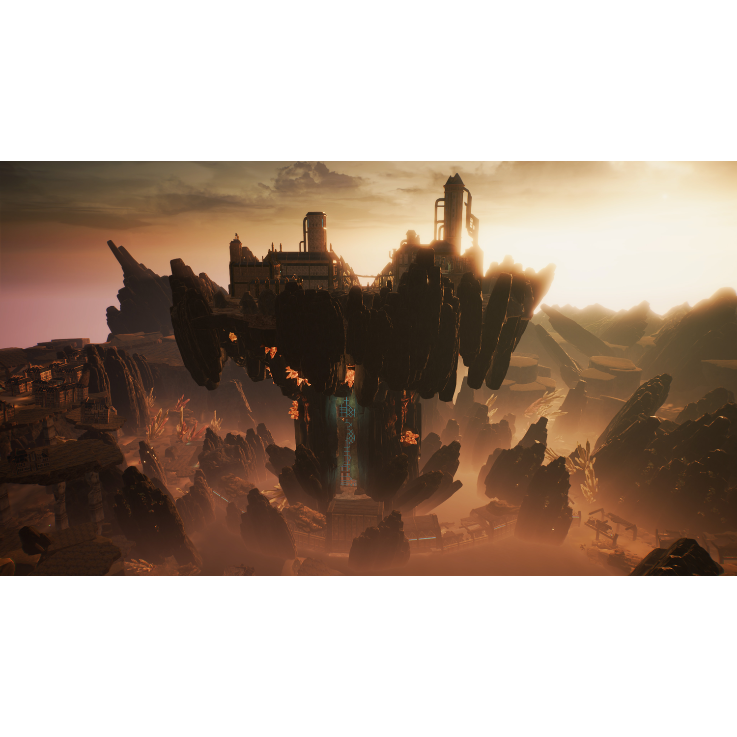Fantasy landscape with floating islands and structures.