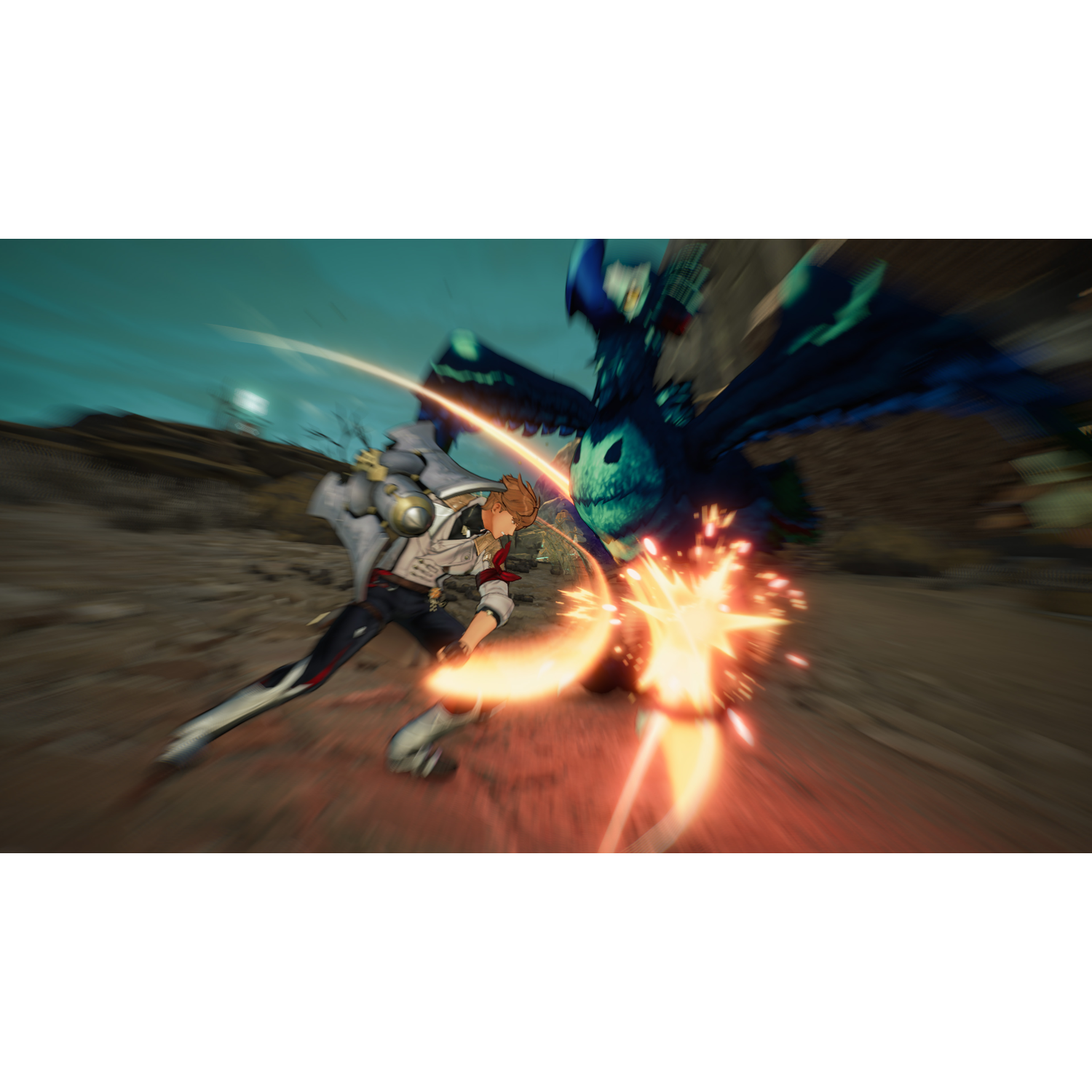 Man fighting a dragon-like creature in a desert landscape. Motion blur effect. Bright orange and blue colors.