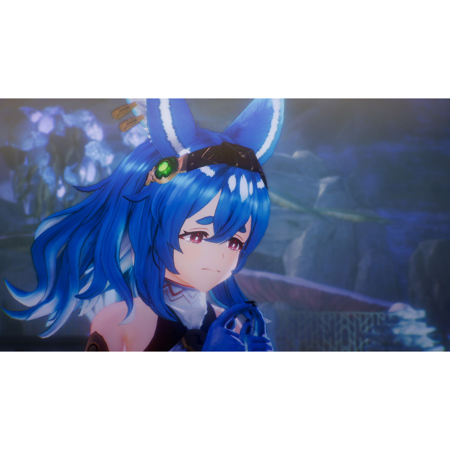 A blue-haired anime character with a thoughtful expression. The background is blurred with a dark, dreamy feel.