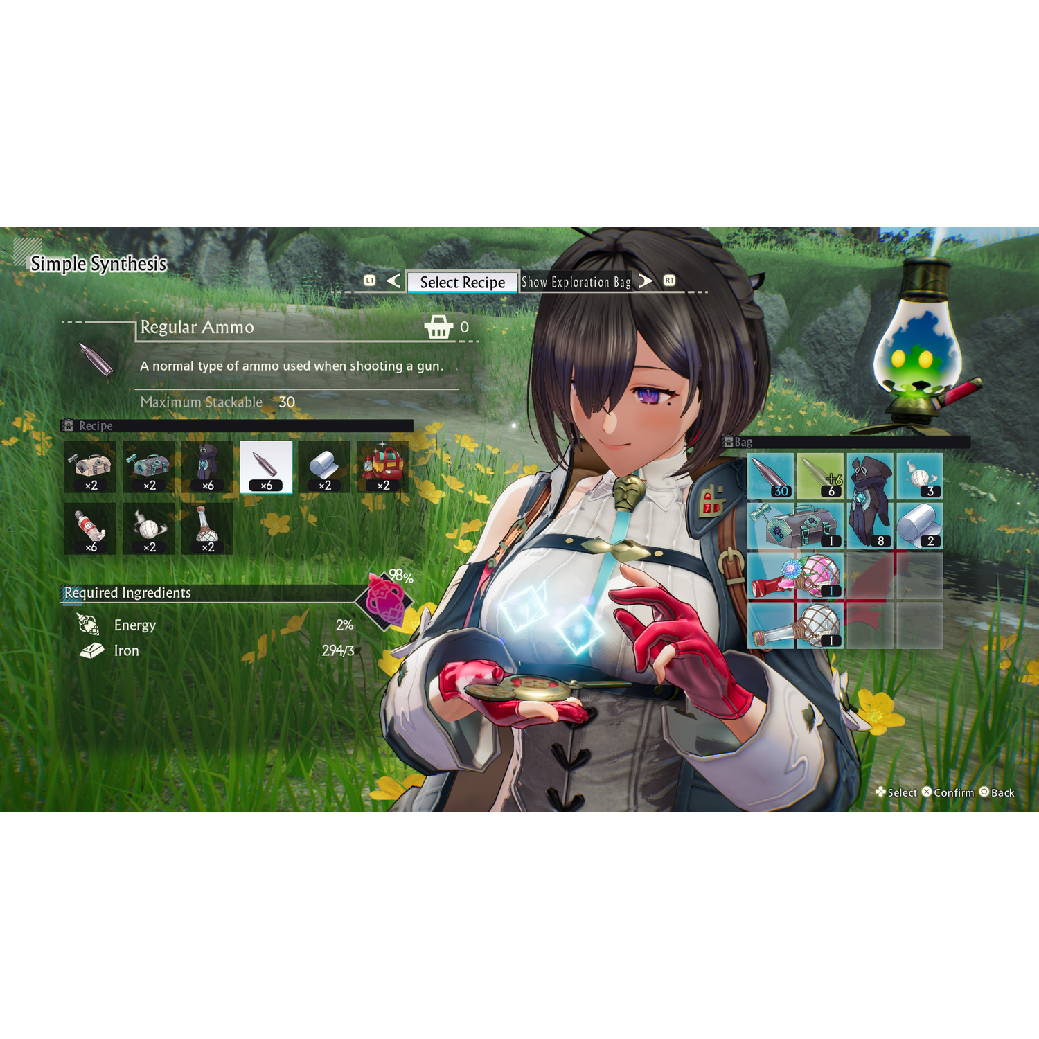 A woman in a video game, preparing to synthesize regular ammo.