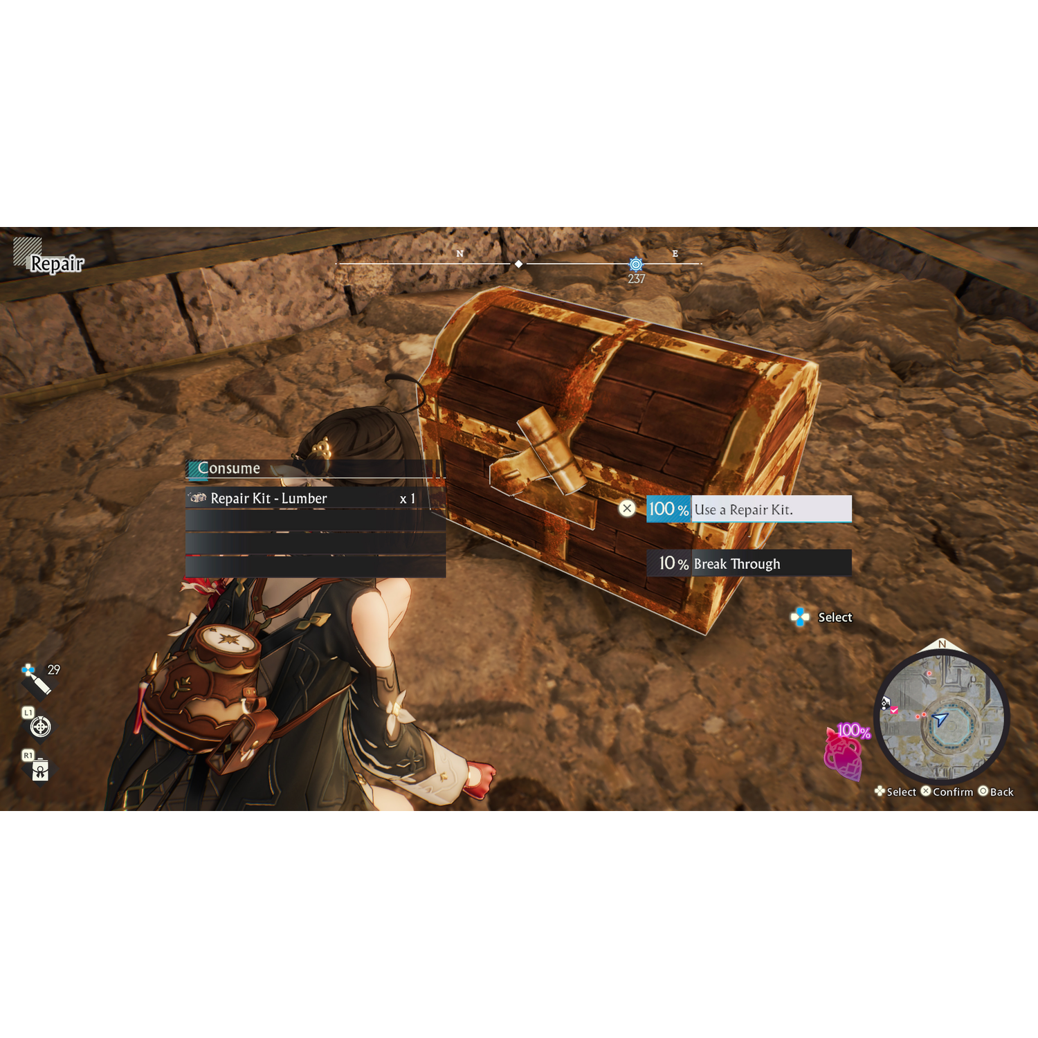 A video game scene with a treasure chest and a character.